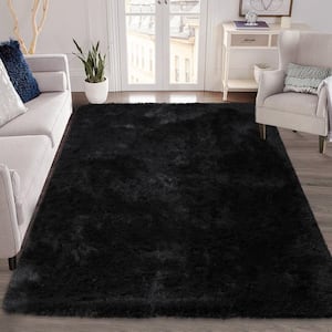 Polyester Faux Fur Black 5 ft. x 8 ft. Solid Fluffy Area Rug