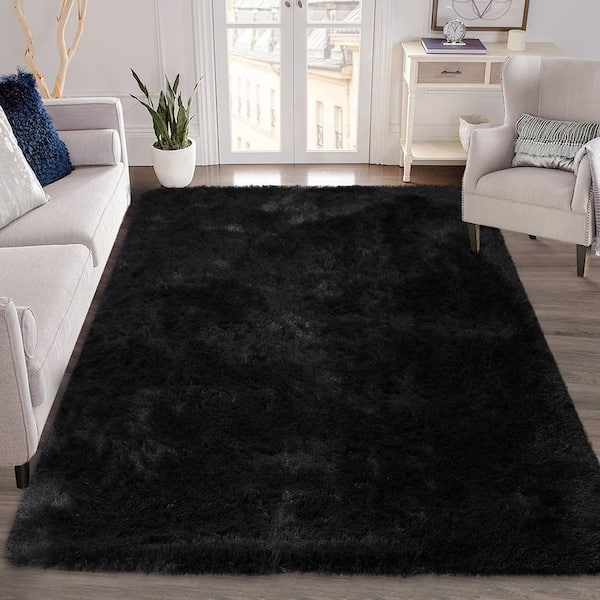 Polyester Faux Fur Tie-Dyed Black 6 ft. x 9 ft. Solid Fluffy Area Rug