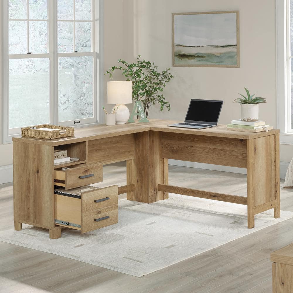 Timber Oak L-Shaped Corner Computer Desk with Drawer and Filing Cabinet