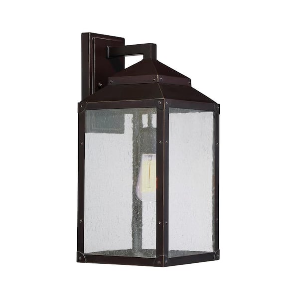 Savoy House Brennan 8 in. W x 17.75 in. H 1-Light English Bronze/Gold Hardwired Outdoor Wall Lantern Sconce with Seeded Glass Shade