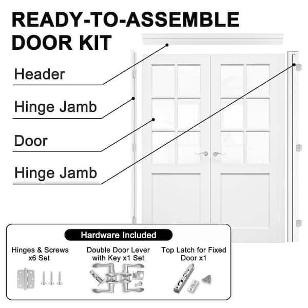 64 in. x 96 in. 6-Lite Clear Glass Universal White Solid Core Glass Double Prehung French Door+ Quick Assemble Jamb