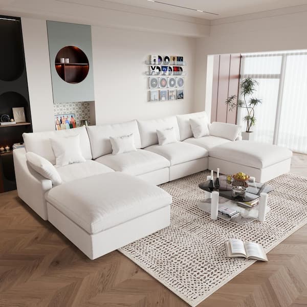 Modular Large 156 in. Flared Arm 6-Piece U-shaped Linen Cloud Couch Convertible Sectional Sofa in White with Ottomans
