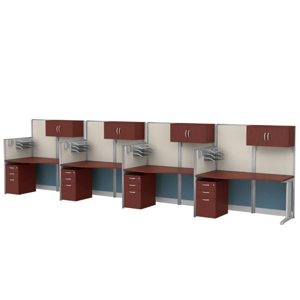 Instant Office 63"H x 129"W 4 Person In-Line Cubicle Panel Workstation w/ Storage, Hansen Cherry
