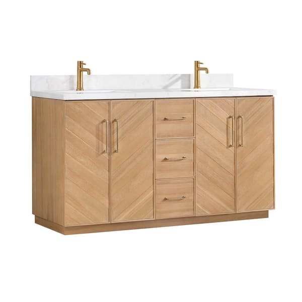 Karachi 60 in.W x 22 in.D x 33.8 in.H Double Sink Bath Vanity in Acacia Classic Gray with White Engineered Stone Top