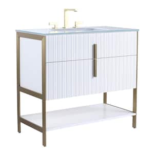 36 in. W x 18 in. D x 33.5 in. H Bath Vanity in White with Glass Vanity Single Sink Top in White with Brass Hardware