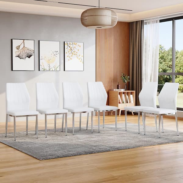 White/Silver Breathable PU Leather Dining Chairs Set of 6