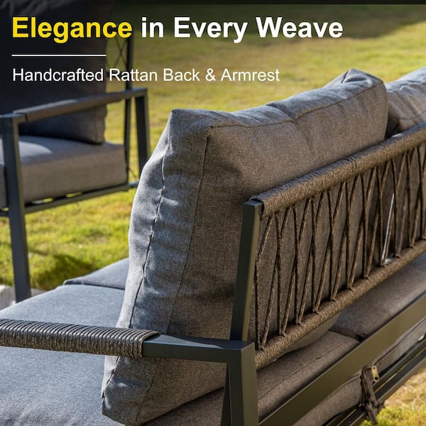 3-Piece Rattan Outdoor Furniture Set with Grey Padded Cushions and Coffee Table