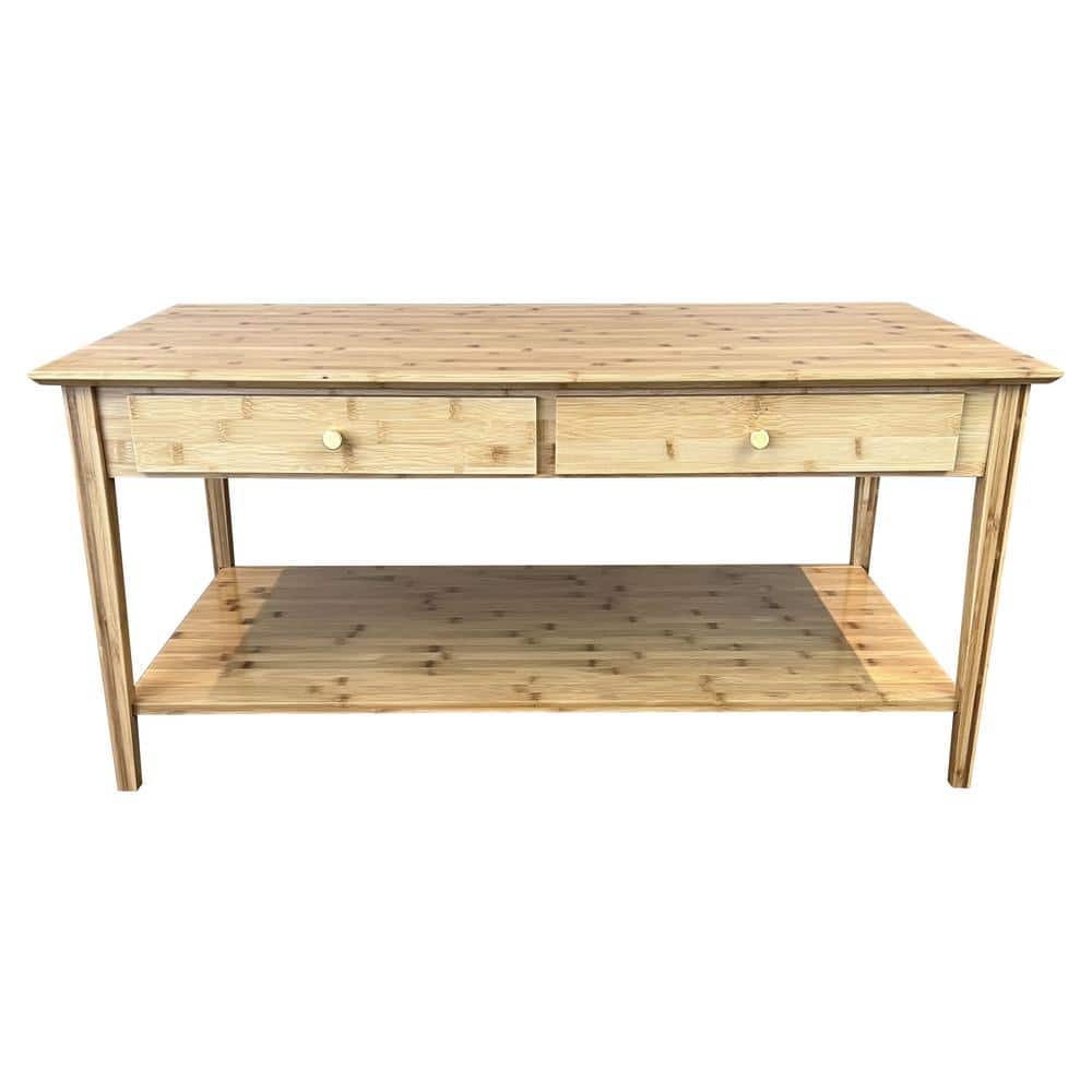 38 in. Natural 18 in. Rectangle Bamboo Coffee Table with 2-Drawers and Shel