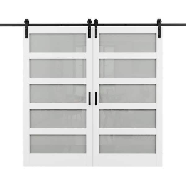 EH PUERTA 84 in. x 84 in. 5-Lite with Frosted Glass White MDF Sliding Barn Door with Hardware Kit Pre-Drilled Easy Assembly