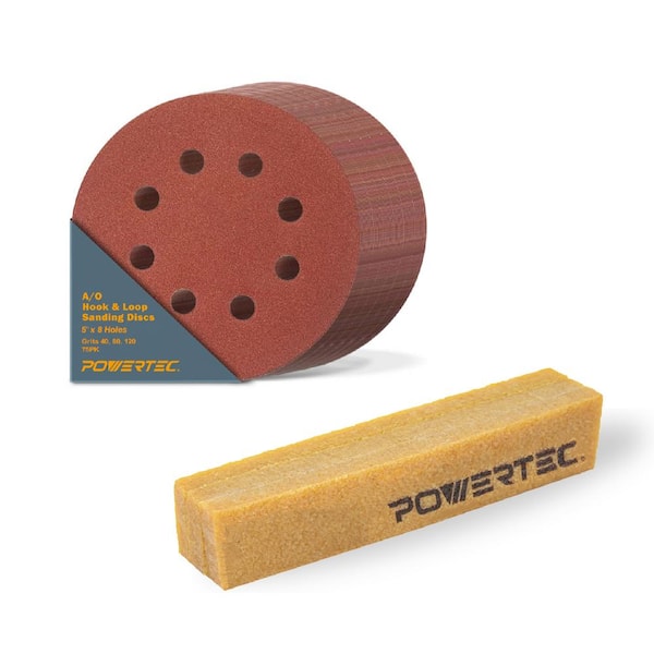 ‎POWERTEC 5 in. 8 Hole Hook and Loop Sanding Discs 40/80/120 Grit Assortment (75PK) with Abrasive Cleaning Stick
