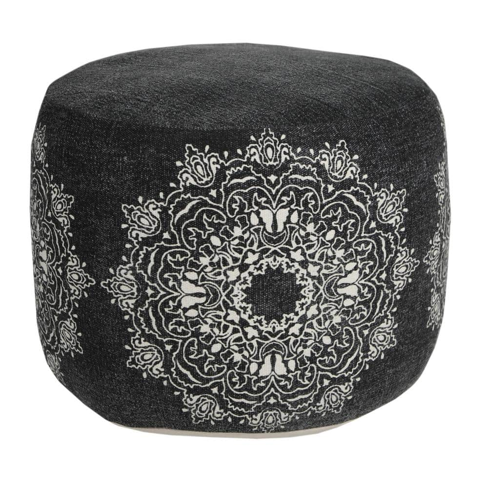 LR Home Nora Black/White Medallion Flatweave Organic Cotton Ottoman Pouf, Black / White