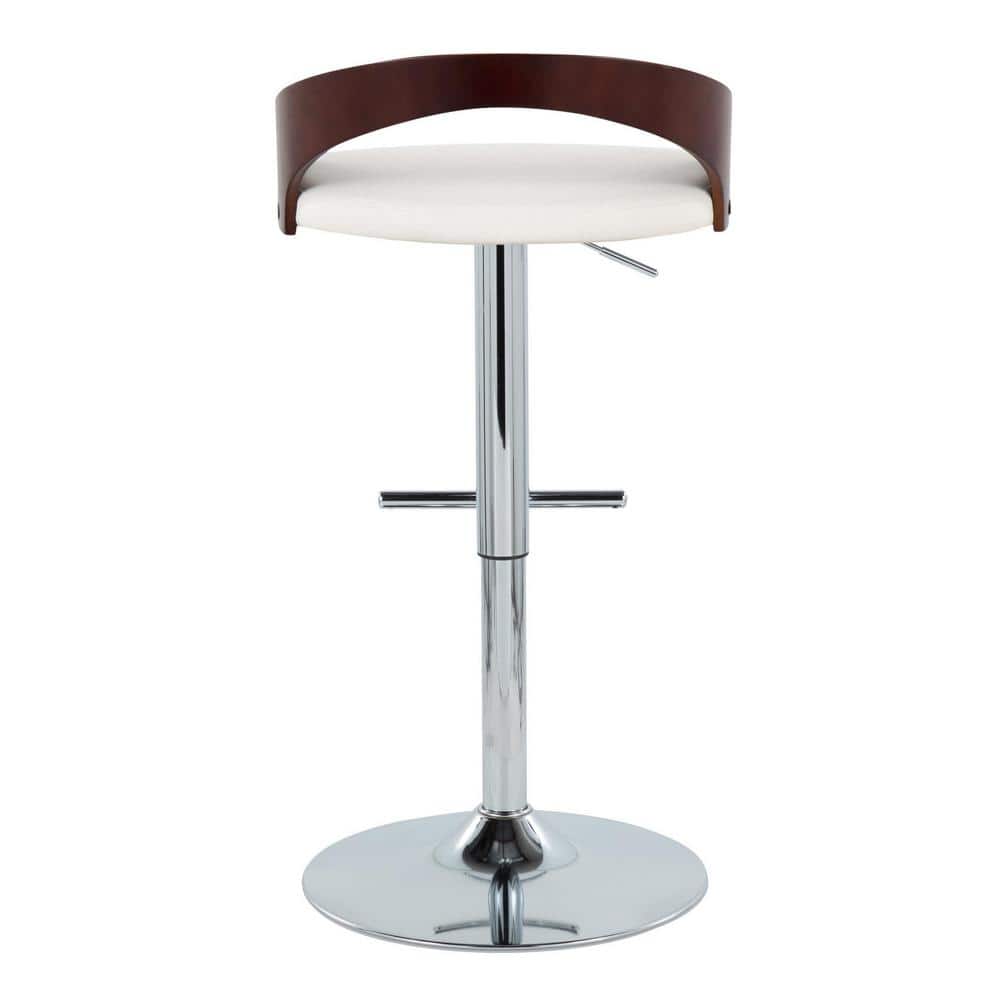 White Faux Leather Adjustable Swivel Barstool with Wood Backrest