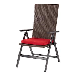 Outdoor PE Wicker Foldable Reclining Chair with Sunbrella Jockey Red Seat Pad