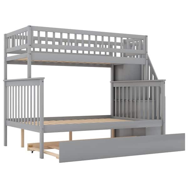 Z-joyee Gray Twin Over Full Bunk Bed with Trundle and Staircase Daybed