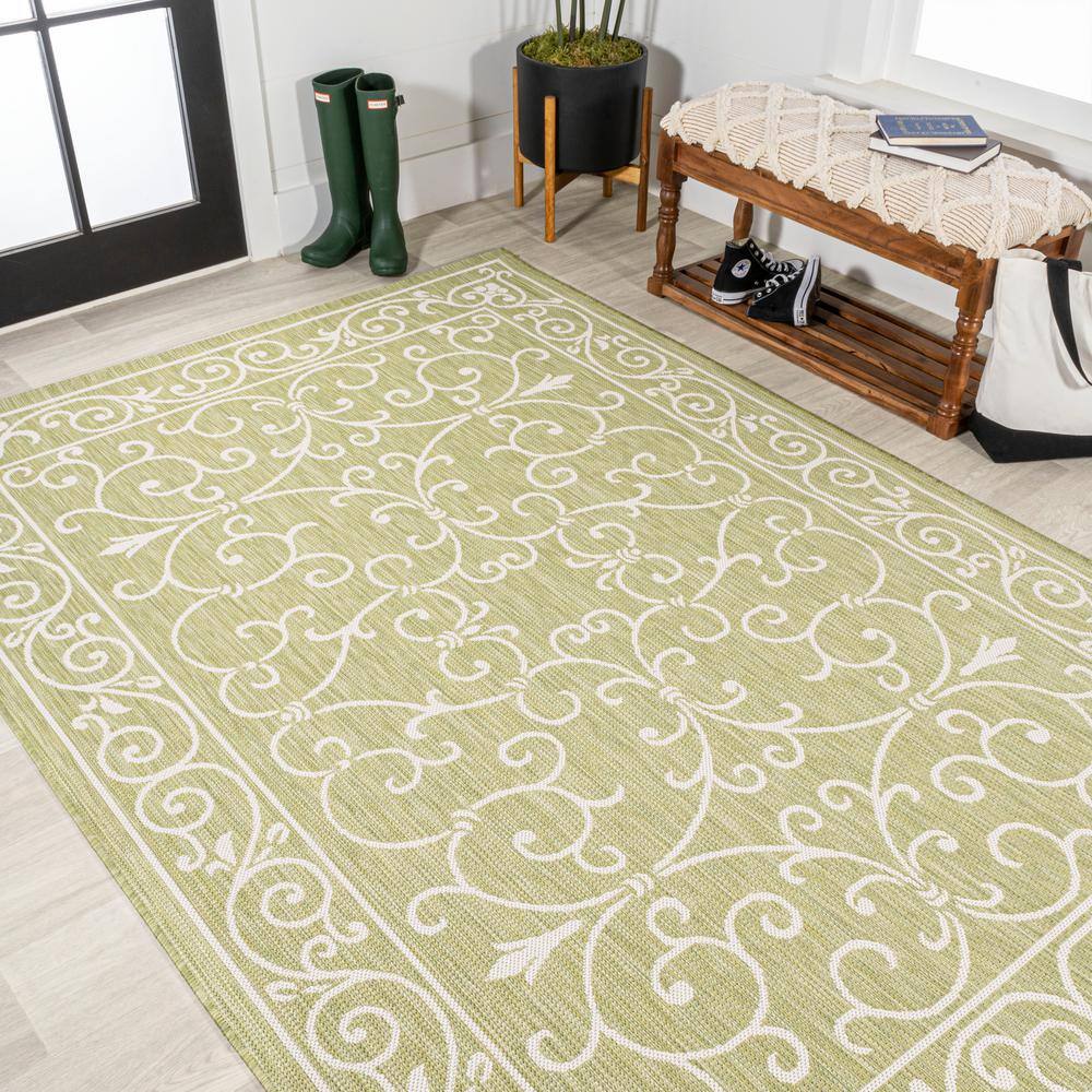 Boho-Chic Green and Cream Vintage Filigree 9' x 12' Indoor/Outdoor Rug