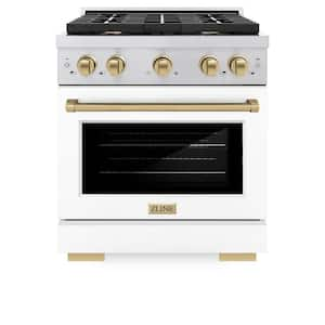 Autograph Edition 30 in. 4-Burner Freestanding Gas Range and Convection Oven in White Matte and Champagne Bronze