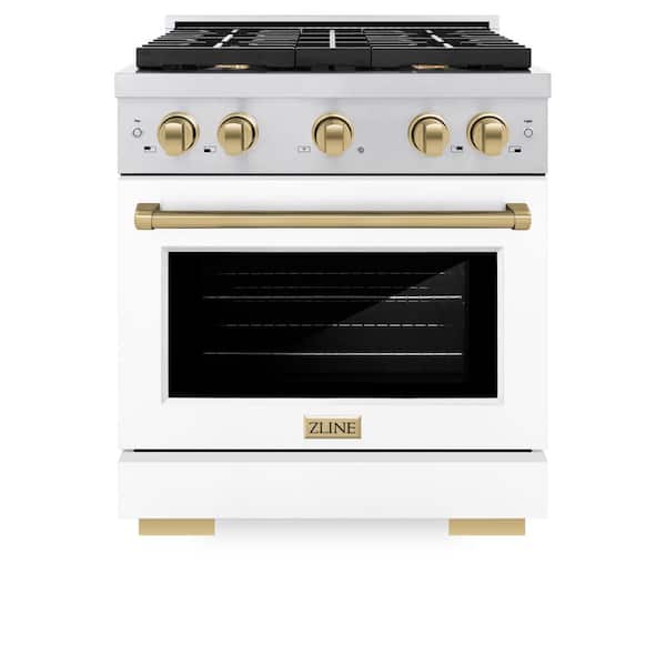 Autograph Edition 30 in. 4-Burner Gas Range with Convection Oven in Stainless Steel, White Matte and Champagne Bronze