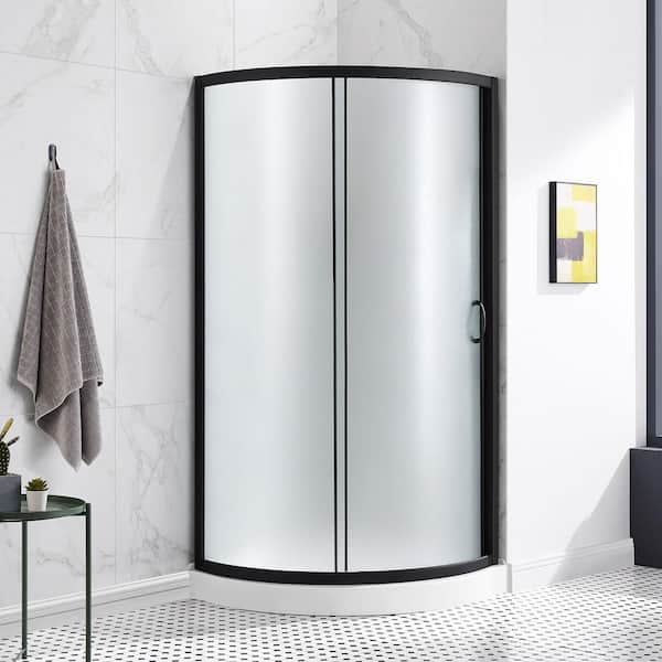 Breeze 32 in. L x 32 in. W x 76.97 in. H Corner Shower Kit with Frosted Framed Sliding Door in Black and Shower Pan