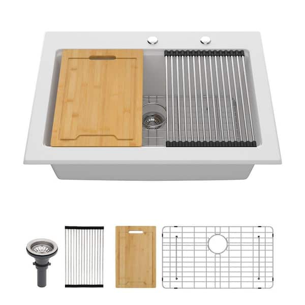 30 in. Drop In Single Bowl White Workstation Quartz Composite Kitchen Sink with Strainer