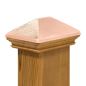Miterless 4 in. x 6 in. Mahogany Wood Flat Slip Over Fence Post Cap with Hammered Copper Pyramid