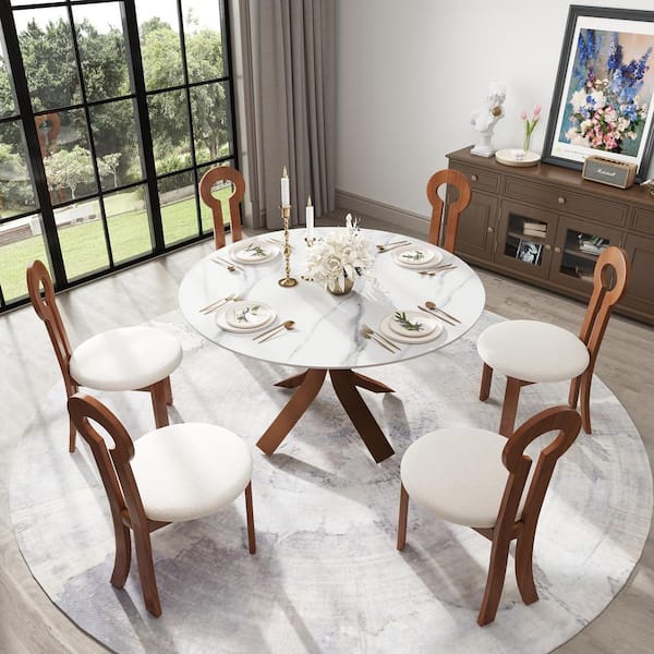 Magic Home 53.15 in. White Round Sintered Stone Tabletop with Dark Walnut Carbon Steel Legs Pedestal Base Dining Table (Seats-6)