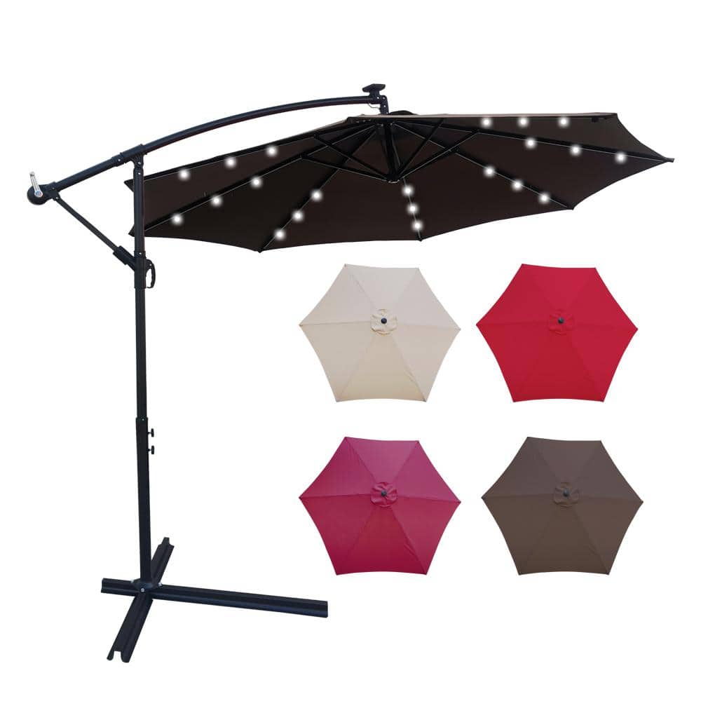 Zeus & Ruta 10 ft. Outdoor Powered LED Lighted Sun Shade Market Solar Waterproof 8 Ribs Umbrella in Brown