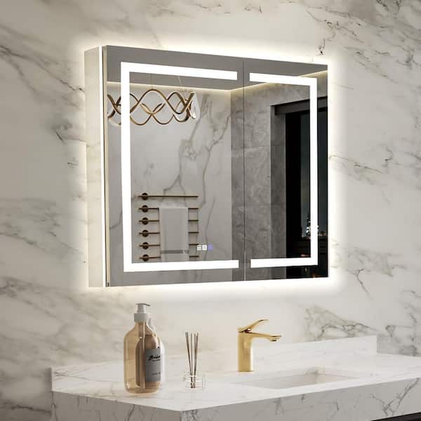 36 in. W x 36 in. H Rectangular Silver Aluminum Recessed/Surface Mount LED Medicine Cabinet with Mirror, GFCI Power-Off