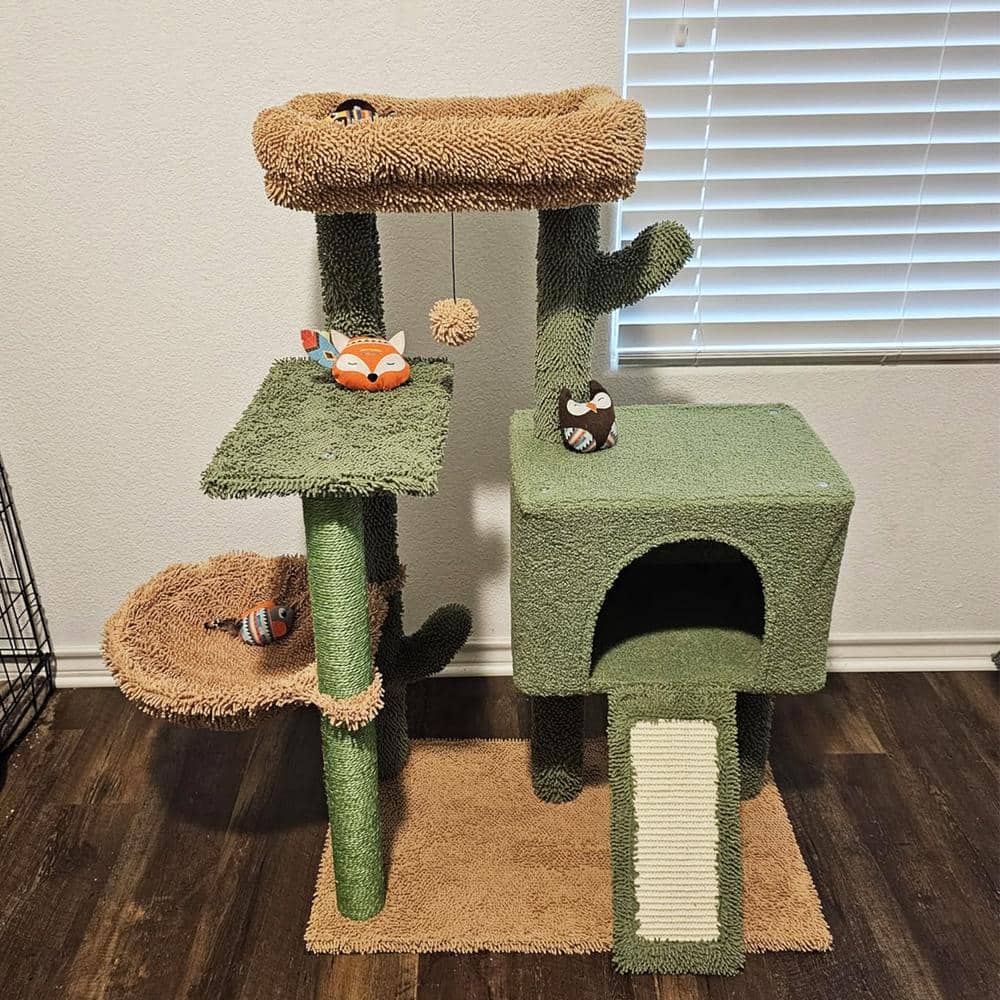 41-Inch Green and Beige Sisal Cactus Cat Tower with Cozy Condo