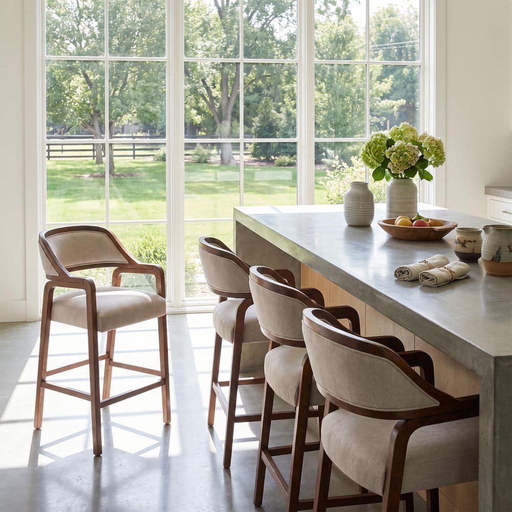 Modern 27.5 in. Walnut Finish Wood Frame Counter Stools with Beige Upholstery Seat and Curved Backrest, Set of 4