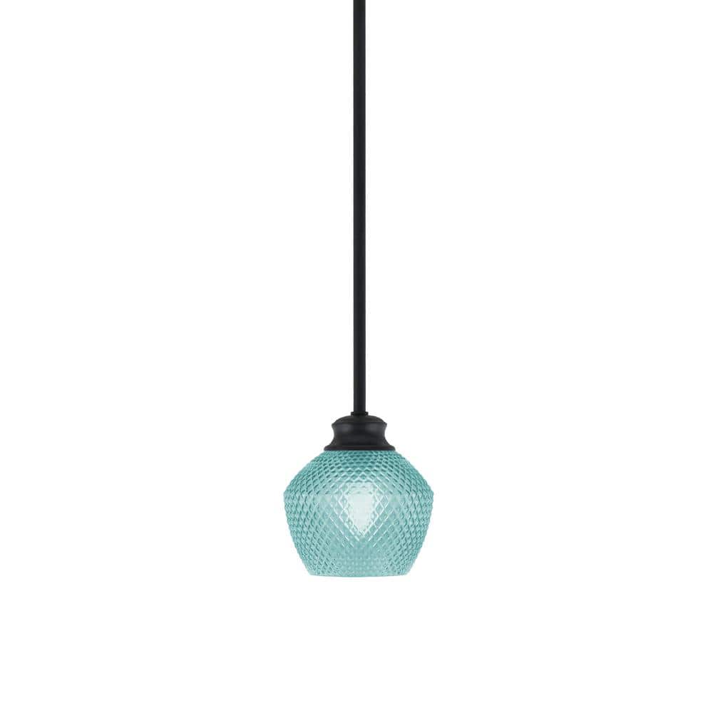Tyler 60-Watt 1-Light Matte Black Stem Mini Pendant Light with Turquoise Te