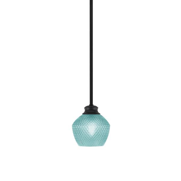 Unbranded Tyler 60-Watt 1-Light Matte Black Stem Mini Pendant Light with Turquoise Textured Glass Shade