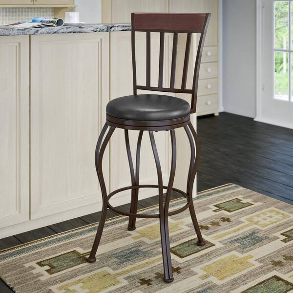 CorLiving Jericho 30 in. Metal Bar Stool with Swivel Glossy Dark Brown Bonded Leather Seat