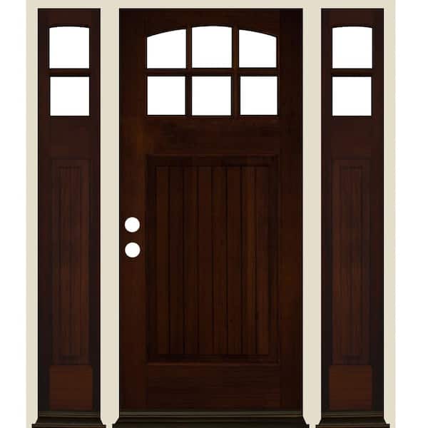Krosswood Doors 64 in. x 80 in. V-Groove Arch 6-Lite Clear Glass Red Mahogany Stain Right Hand Hemlock Prehung Front Door with DSL