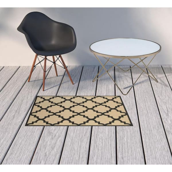 Beige, Black 2 ft. x 3 ft. Loomed Geometric Polypropylene Rectangle Indoor/Outdoor Area Rug