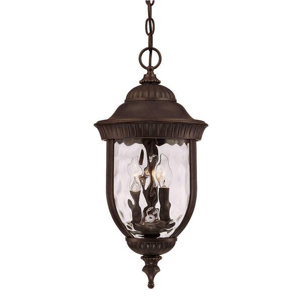 Illumine 3-Light Outdoor Hanging Walnut Patina Lantern with Clear Hammered Glass Shade