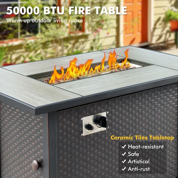 XIZZI Ligne 7-Pieces Wicker Outdoor Patio Rectangular Fire Pit