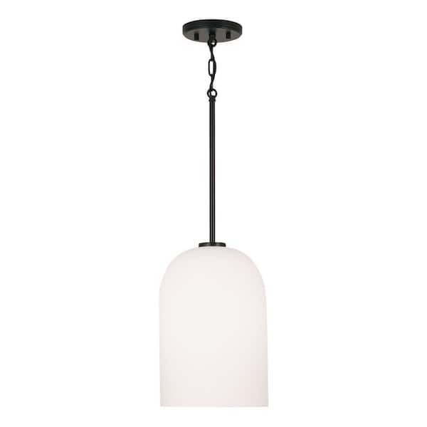 HOMEPLACE LIGHTING Lawson 8.75 in. W x 13.5 in. H 1-Light Pendant in Matte Black with Soft White Glass