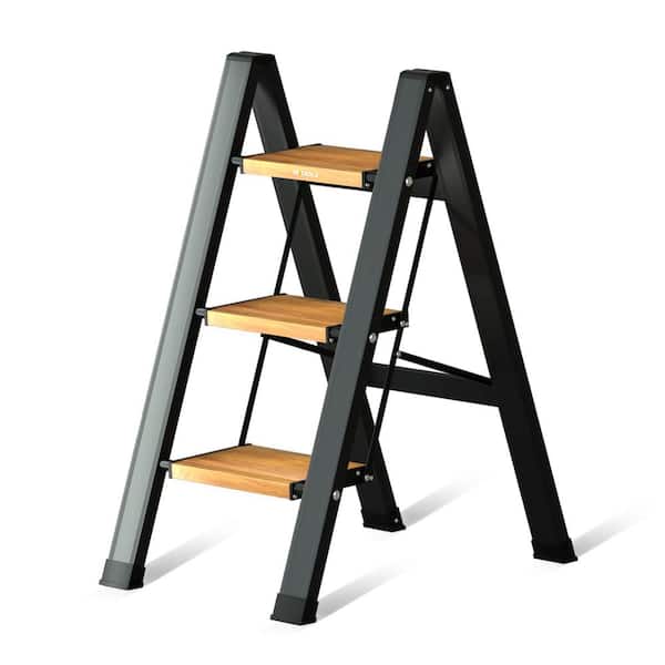 Reach 27.6 in. 3 Step 33 in. Aluminum Ladder, A Frame Lightweight Folding Step Stool for Household Kitchen, Black-Wood