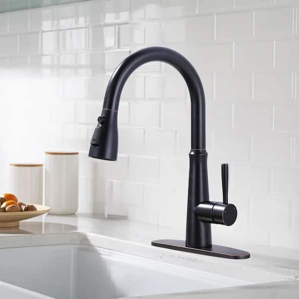 Single Handle 15.4 in. Pull Down Sprayer Kitchen Faucet with 3-Spray Modes Sprayer Fixed in Oil Rubbed Bronze