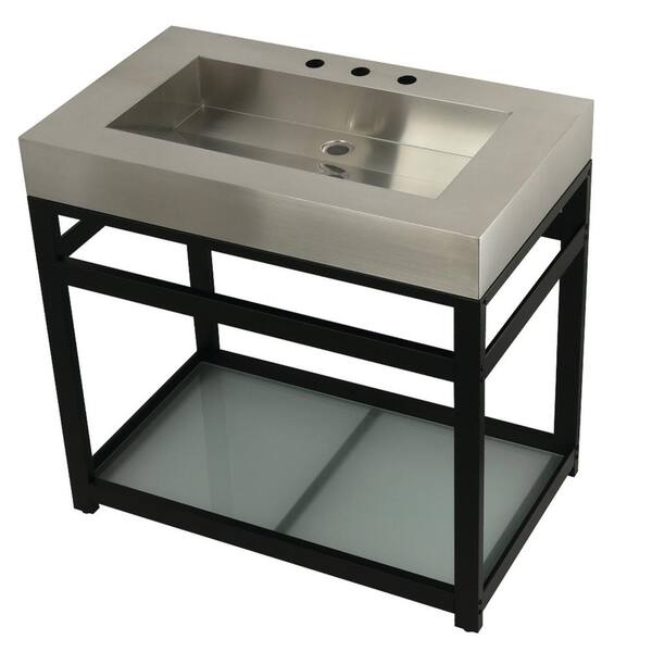 Kingston Brass 37 in. W Bath Vanity in Matte Black with Stainless Steel Vanity Top in Silver with Silver Basin