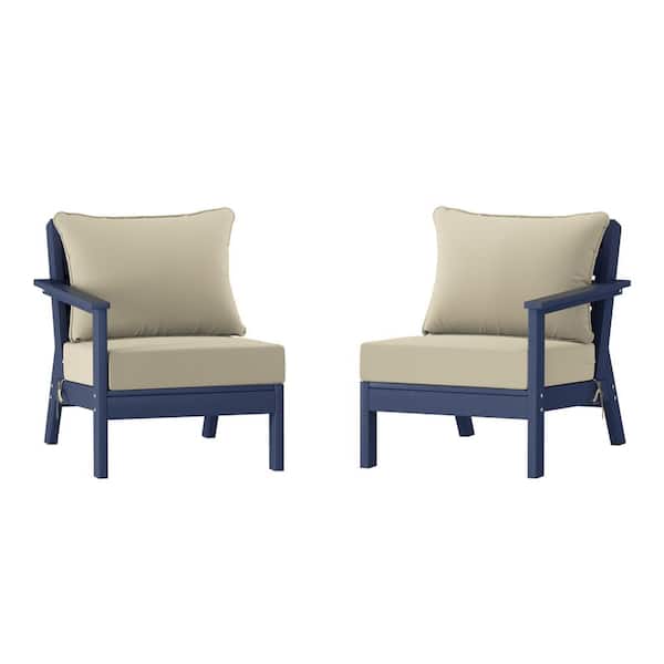 Birchwood Navy Blue Arrangeable Outdoor Patio 2-Piece Deep Seating HDPE Loveseat Arm Chair Set with Beige Cushions