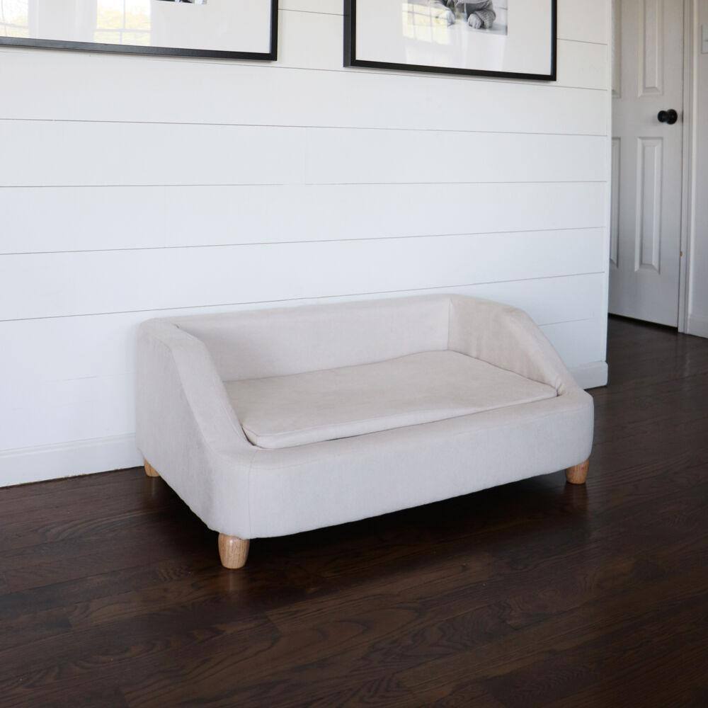 Cream Microfiber Elevated Rectangular Dog Sofa for Medium Dogs