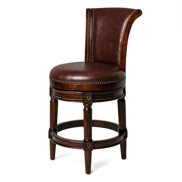 MAVEN LANE Pullman 26 in. Dark Walnut High Back Wooden Counter Stool with Luxe Vintage Brown Vegan Leather Upholstered Seat