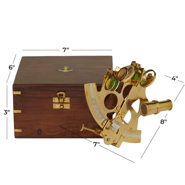 Litton Lane Gold Brass Sextant Compass with Decorative Wood Box (2