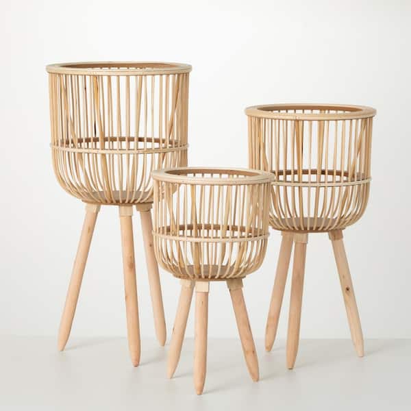 SULLIVANS 24 in., 20 in. and 16 in. Brown Woven Wood Footed Planter (Set of 3)