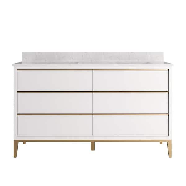 60 in. Freestanding White Bath Vanity with Carrera White Engineered Marble Top Assembled