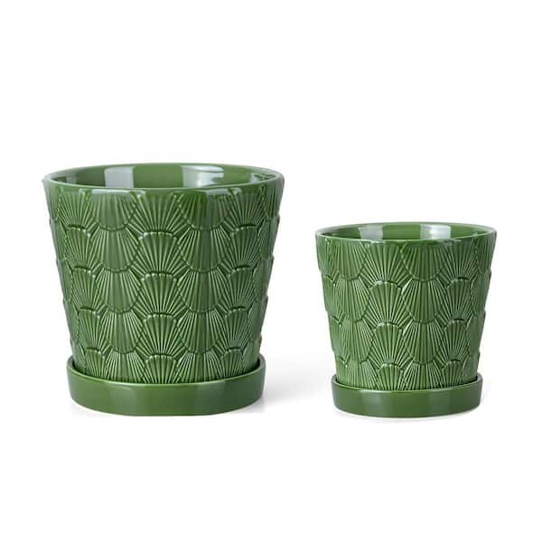 2-Piece Patina Green Ceramic Plant Pots (5 Plus 6 in. Drainage)