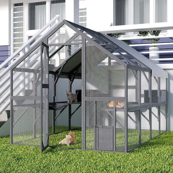 57.2sq.ft Large Wooden Outdoor Cat House, Cat Run Enclosure Walk in Cat Catio Kitten Condo with Enter Door, Roof Cover