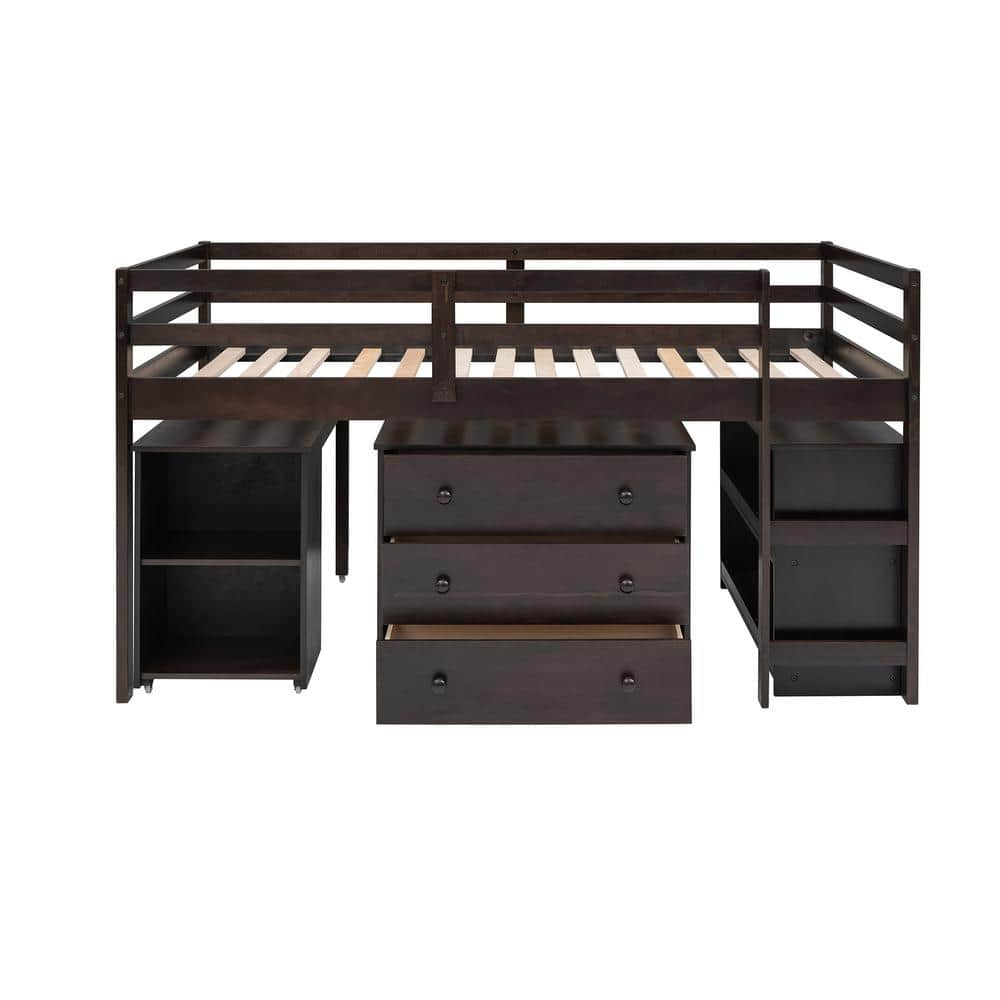 ANBAZAR Espresso Twin Size Loft Bed with Desk, Low Study Wood Kids Loft ...