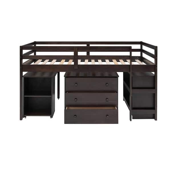 ANBAZAR Espresso Twin Size Loft Bed with Desk, Low Study Wood Kids Loft ...